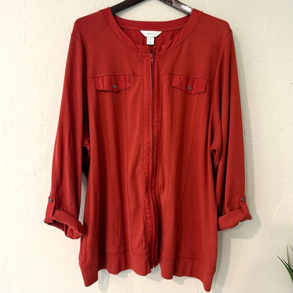 CJ Banks-Women’s Plus Size Red Orange Full Zip Shirt-3/4 Sleeve-Size 3X-EUC